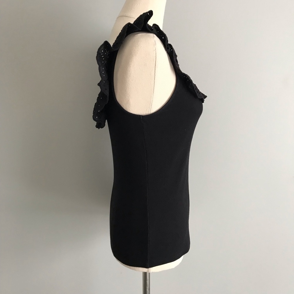 H&M Sleeveless Ribbed Tank Black Broderie Anglaise Lace Ruffled Neckline - Picture 8 of 11
